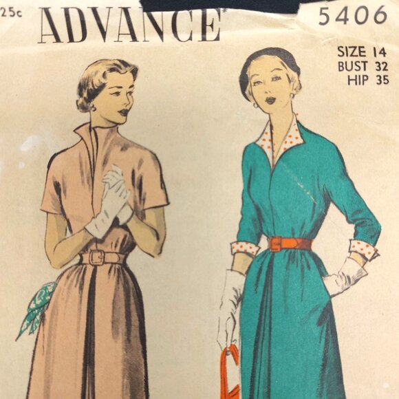 Vintage 1950s Advance 5406 Sewing Pattern Dress With Short Sleeves & Collar Size - Picture 3 of 4